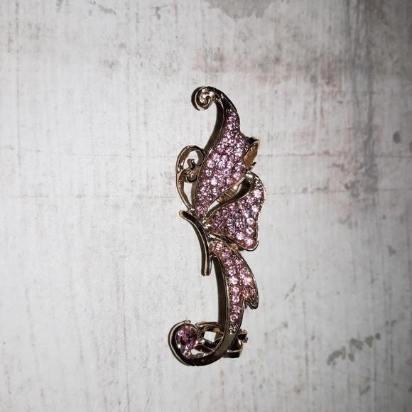 Gold Pink Crystal Butterfly Ear Cuff Wrap Earring - Picture 2 of 4